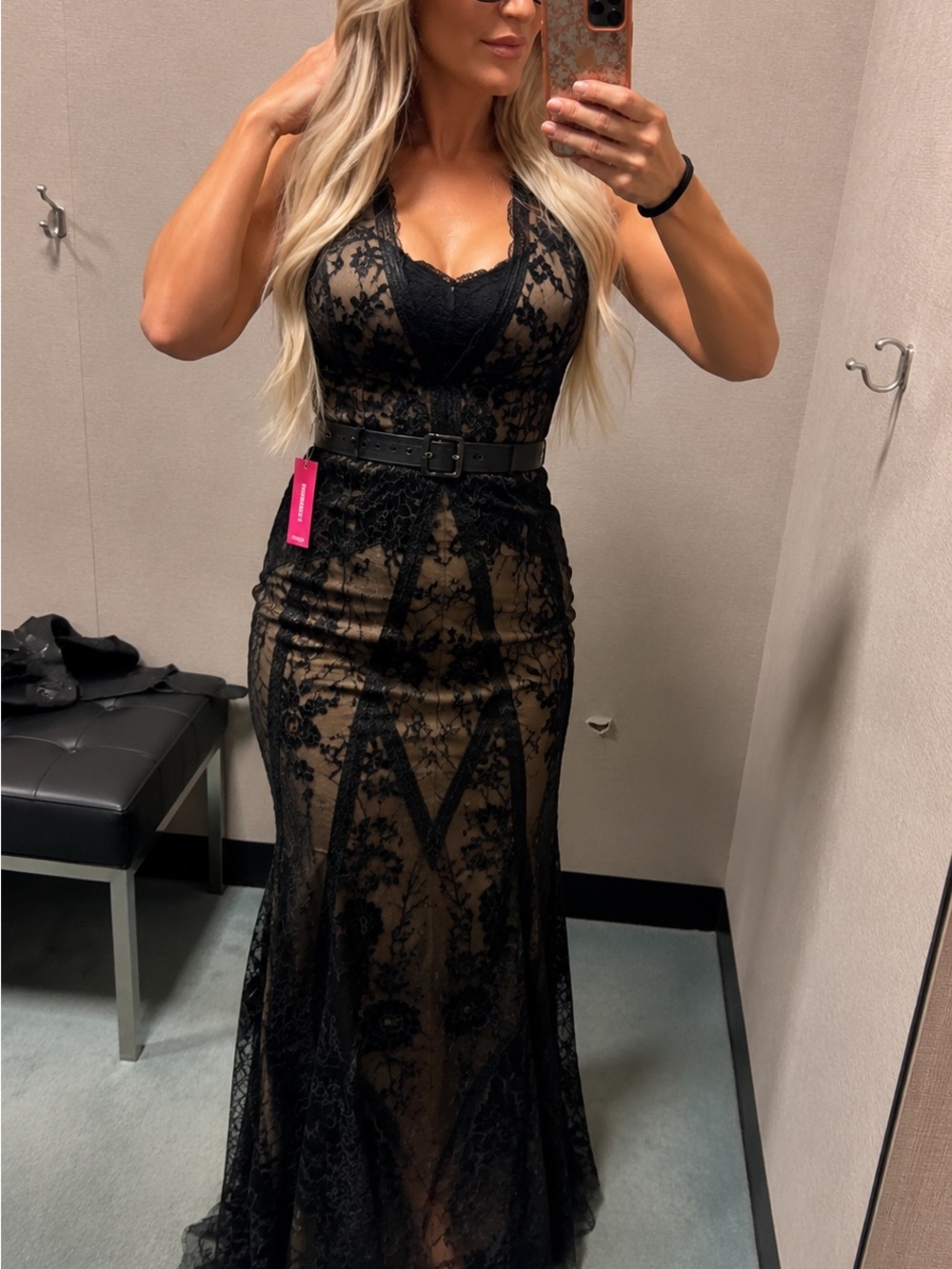 Dress the Population Black One-Shoulder Lace Evening Gown